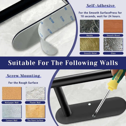 Installation options for the Under Cabinet Paper Towel Holder With Self Adhesive Or Drilling Mount Stainless Steel Black