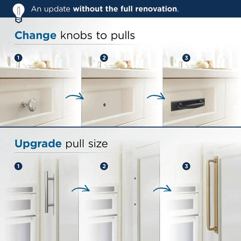 Steps showing cabinet upgrade process with changing knobs to pulls and 3 Inch Center To Center Rectangle Matte Black Cabinet Pull Backplate BP37601MB