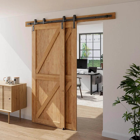 Heavy Duty 8 Foot Sliding Barn Door Hardware Kit for Double Wooden Doors with Single Track and Bypass Floor Guide in living room.