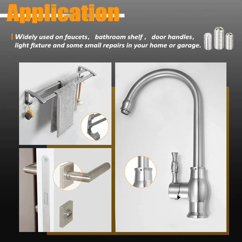 Applications of 304 Stainless Steel Set Screws Kit With 275 Pcs, Metric M3 To M8, in faucets, bathroom shelves, and door handles.