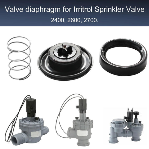Six-piece valve diaphragm assembly with spring, diaphragm, and ring for Irritrol 2400/2600/2700DPR sprinkler valves (3/4–1 in).