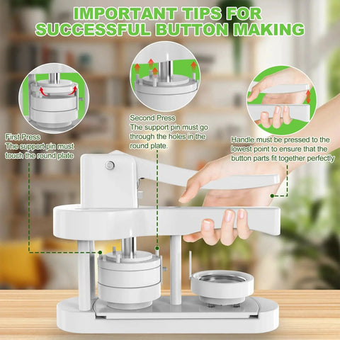 58mm button maker machine, white, front view with hand lever for DIY crafts