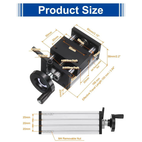 Dimensions of 100mm Manual Linear Stage With Double Axis Slide Rail For CNC Machine Shop Floor shown with TR12X4 Acme Screw.