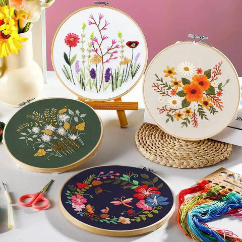 Four Pack Embroidery Kit For Beginners And Adults DIY Starter Set With Flower Patterns Cross Stitch Includes Embroidery Hoop Tools