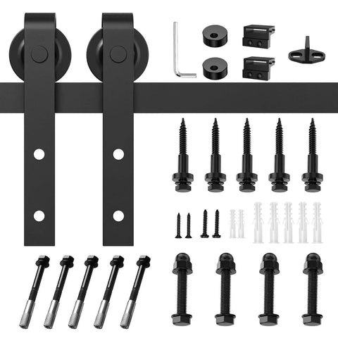 Beefy Heavy Duty Sliding Barn Door Hardware Kit for 6ft Single Door, Smooth Quiet Operation, Easy To Install, Black With J Shape Hangers
