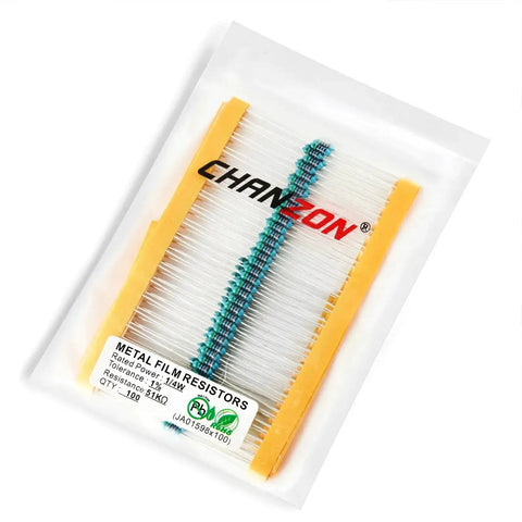 Chanzon 100-pack metal film resistors, 51kΩ 1/4W, 1% tolerance, through-hole, ROHS certified, in clear bag