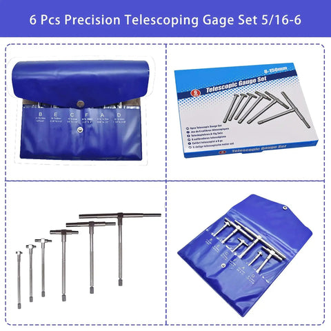 Six Piece Precision Telescoping Gage Set Five Sixteenths To Six Inches Range with blue pouch and instructions