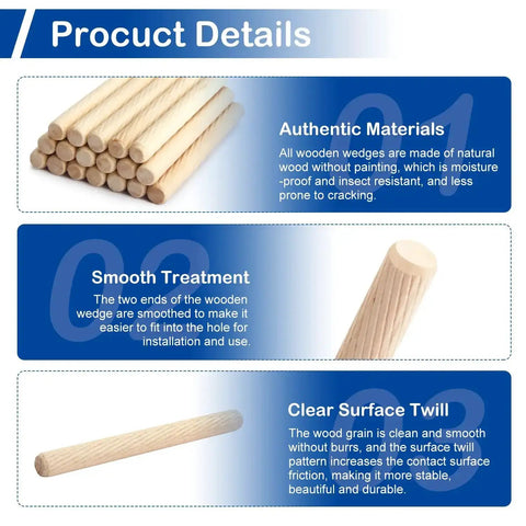 Nine Sizes 230 Piece Wood Dowel Kit With Fluted Twill Grooved Dowel Pins in product information layout