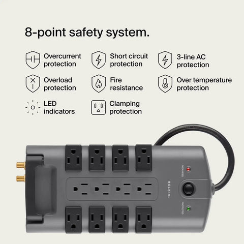 Surge Protector Power Strip With Eight Rotating Outlets And Four Standard Sockets, Eight-Foot Extension Cord, Flat Pivot Plug