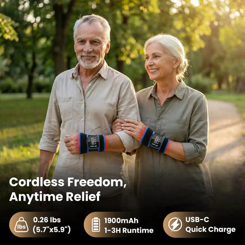 Older couple wearing Infrared Heated Wrist Wrap With Vibration Massage For Carpal Tunnel And Arthritis, cordless pain relief.