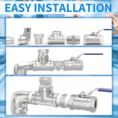 ChillWaves 304 stainless steel pipe fittings 3-pack: 1/2 in NPT male to female 90° elbow, adapters, and ball valve