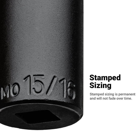 Close-up of Beefy Fifteen Sixteenths Inch Shallow Impact Socket Set One Half Inch Drive Six Point SAE, chrome moly steel stamped sizing