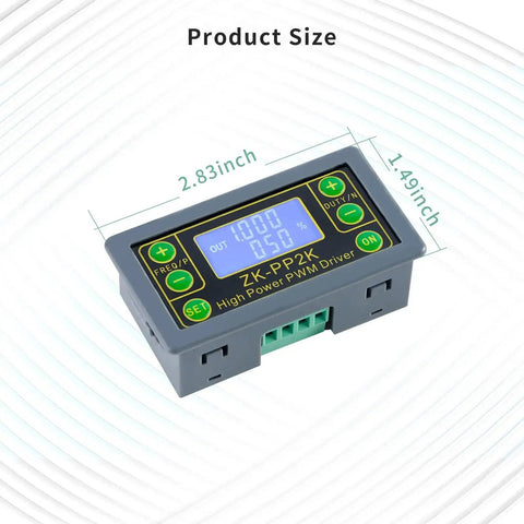 Front view of Plug-and-Play PWM Pulse Generator For Motor Speed Control With LCD Readout showing 2.83 by 1.49-inch dimensions