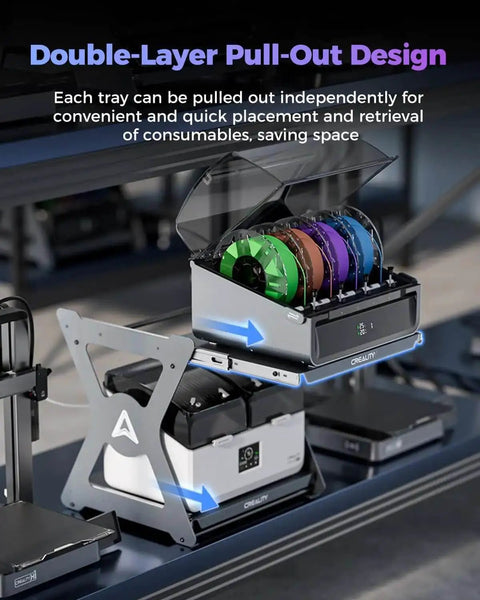 Rock Solid CFS Workstand for 3D Printing with dual-layer pull-out design, holding filament spools and printers, space-saving solution.