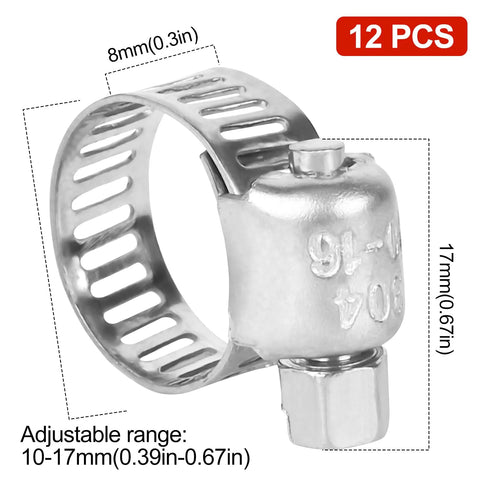 12-piece metal hose clamps, 8mm wide, adjustable 10–17mm ID, chrome finish for automotive fuel lines