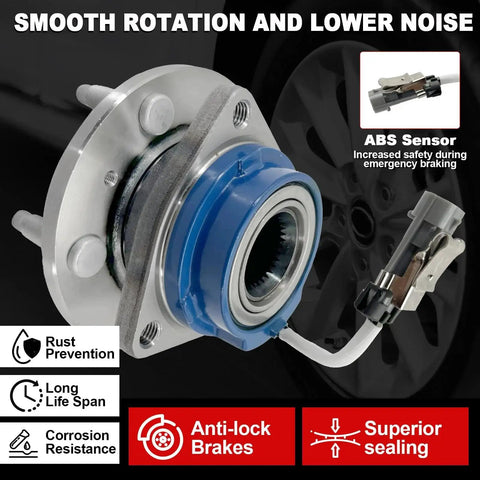 Close-up of Pair 513121 Front Wheel Bearing Hub Assembly For GM Vehicles, 5 Lug, ABS with blue seal and sensor for Impala, Lucerne.