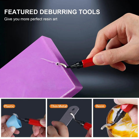Cordless Resin Drill Kit For Resin Jewelry And Keychains 3 Speed Pro shown deburring plastic, metal, and resin materials.
