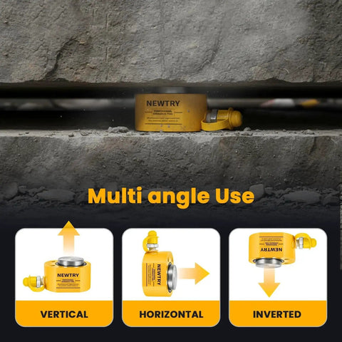 Multi-angle use of 20 Ton Low Profile Hydraulic Porta Power Kit With CP180 Pump And Mini Cylinder in vertical, horizontal, inverted positions.