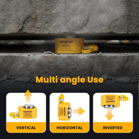 5 Ton Low Profile Hydraulic Jack Kit With CP-180 Manual Pump, used vertically, horizontally, and inverted on concrete slab.