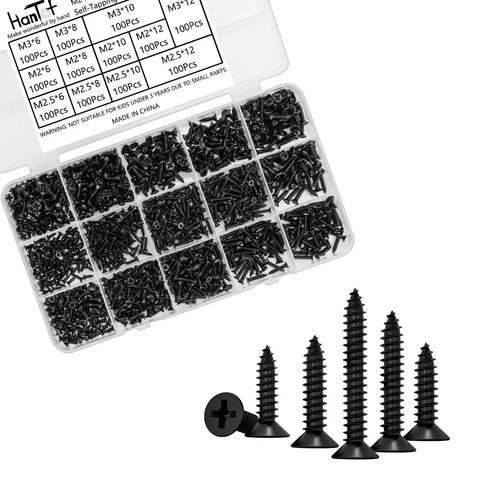 1200 Pcs Black Self Tapping Screws Set For Wood Plastic And Soft Metal Phillips Flat Head Countersunk in storage box