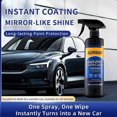 Quick Acting Car Coating Spray With Persistent Liquid Glass Finish Dope Shine Multifunction Coat Renewal Agent For Durable Protection And Bead Worthy Hydrophobic Shield 2 Pack bottle next to a shiny black car.