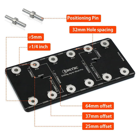 Aluminum Shelf Pin Drilling Jig For One Quarter Inch And Five Millimeter Holes with positioning pins and hole spacing indicators