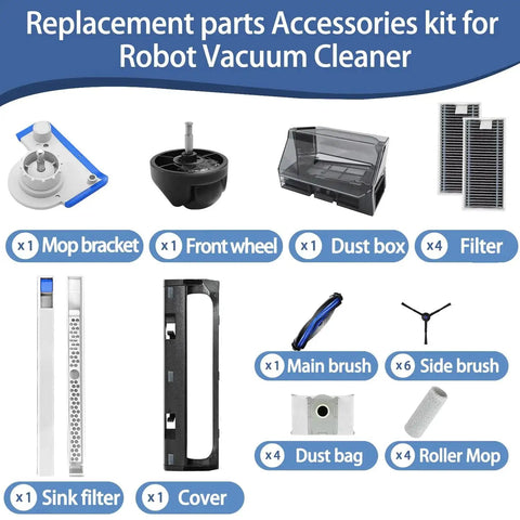 Replacement Accessories Kit For Ecovacs Deebot X8 Pro Omni Robot Vacuum Cleaner with mop bracket, filters, and brushes.