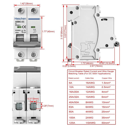 2 Pole DC Solar PV Circuit Breaker Type C Non-Polarized 500V 32A With 4.5kA Breaking Capacity, front and side view, gray.