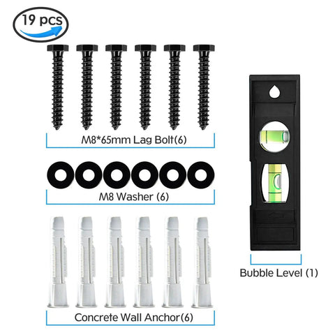 Lag Bolt Kit For TV Wall Mount With M8x65mm Lag Bolts And Washers Wood Stud Anchors And Plastic Concrete Anchors Bubble Level Included For Easy Installation Heavy Duty Steel MU0041B