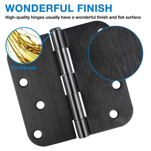 Close-up of Three Pack Matte Black Four Inch Radius Door Hinges Five Eighths Inch Heavy Duty Residential Door Hardware With Twenty Four Free Screws