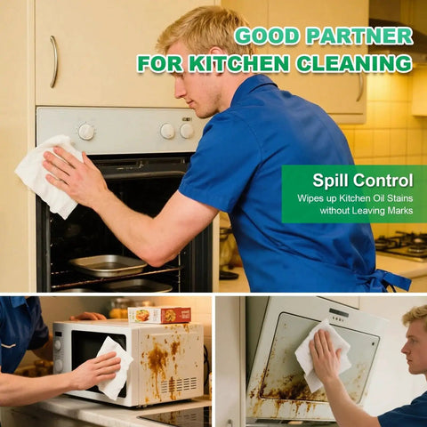 Man using 9x9 Cleanroom Wipes 300 PCS Grade B 56 GSM Nonwoven Lint Free Lab Electronics to clean kitchen appliances.