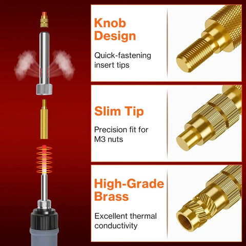 Heat Set M3 Threaded Inserts Kit With 60W Digital Soldering Iron showing knob design, slim tip, high-grade brass features