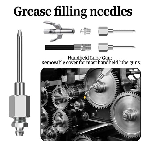 Grease Gun Needle Tip Kit 7 Pc With 5 Needle Tips, Rubber Adapter, and Dispenser shown illustrating use in machinery lubrication.