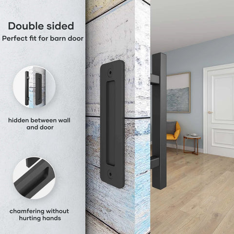 12 Inch Sliding Barn Door Handles And Pulls Hardware Rustic Double Sided Built Tough Heavy Duty Matte Black Powder Coated Finish Easy Install Square Style 2 Pack Set installed on barn door between room and hallway.