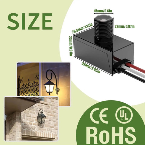 3 Piece Dusk To Dawn Sensor Switch For Outdoor Lighting 120 277V IP65 Waterproof Photo Cell with size dimensions and certifications