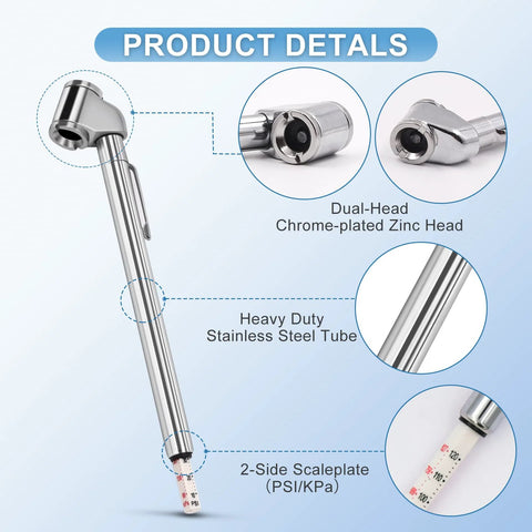 2-pack WNCGC pencil tire pressure gauge with dual-head chrome-plated zinc head and stainless steel tube; PSI/KPa scale.