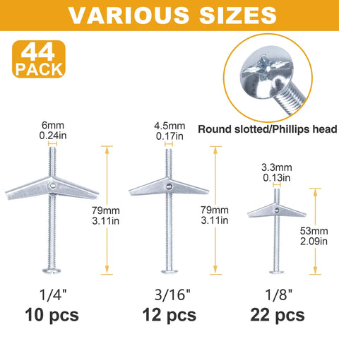 Hollow Wall Anchors Set 44 Pc Heavy Duty Toggle Bolts And Wing Nuts Kit For Drywall Hanging Pictures Curtains Plants Includes 1/8in 3/16in 1/4in Assorted Sizes, showing various sizes and specifications.