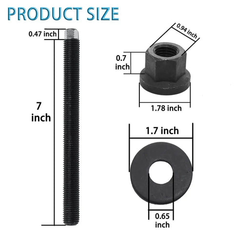 Harmonic Balancer Install Tool For GM V8 LS Engines With Thrust Bearing And Wrench Flats Crank Pulley Installer compatible with LS1 LS2 LS3 LS4 LSX LSA LS6 LQ4 LQ9 1997 and up heavy duty pro grade 35CrMo steel 12.9 strength, showing bolt, nut, and washer dimensions, including 7-inch bolt.