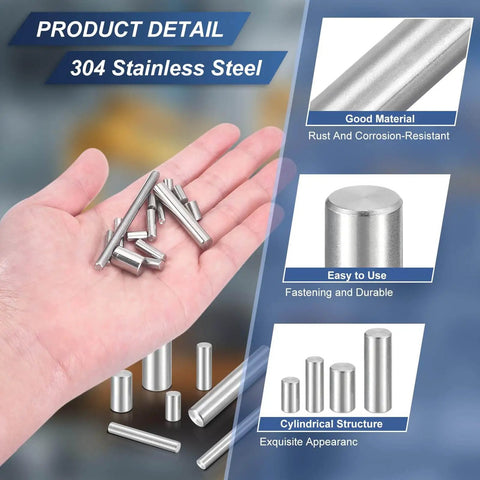 Hand holding Beefy 40 Pcs M3 X 35mm Stainless Steel Dowel Pins Set 3mm Diameter 1.38 Inch Length 304 Grade Parallel Shelf Pins