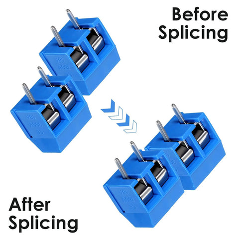 Blue 70 Pieces 2 Pin And 3 Pin 5mm Pitch PCB Mount Screw Terminal Blocks shown before and after splicing for cable connections.