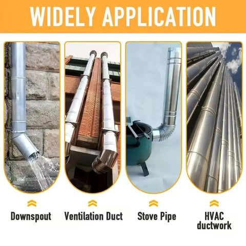 Collage showing applications of ductwork: downspout, ventilation duct, stove pipe, and HVAC duct. Focus on duct crimper usage.