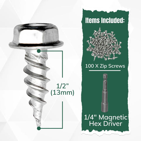 Gutter Screw Kit Half Inch 8 Stainless Steel Zip Screws With Self Piercing Xtra Sharp Tip And Quarter Inch Hex Washer Head