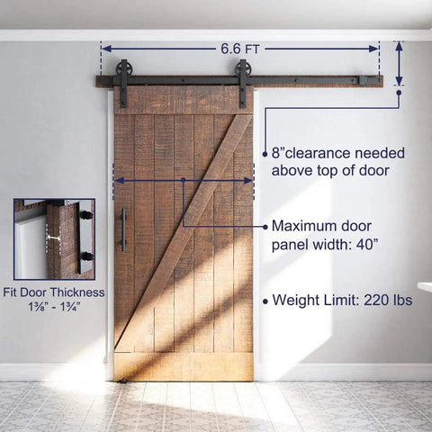 Heavy Duty Sliding Barn Door Hardware Kit in Black with Industrial Wheel Hangers, Includes Pull Handle Set and Floor Guide, Supports Doors Up To 220 Lb, Fits 36 To 40 Inch Wide Panels, 1 3 8 Inch Thick, Six Point Six Foot Track System installed on wooden door