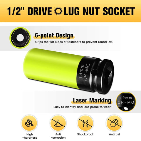 19mm Half Inch Drive Wheel Protector Impact Socket Non Marring Lug Nut Thin Wall Deep Socket Set Chrome Molybdenum Steel 6 Point Color Coded Protective Socket For Tire Changes Hub Removal And Wheel Suspension Maintenance