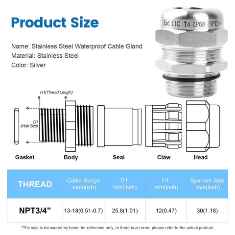 Two Pack Stainless Steel IP68 Waterproof Cable Gland With Adjustable Locknut And Gaskets, product size diagram with dimensions