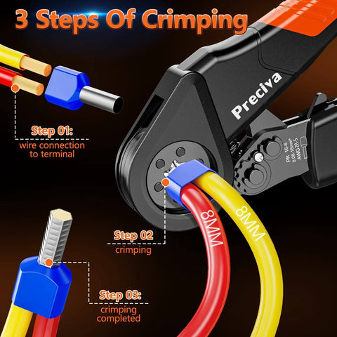 Close-up of Ferrule Crimping Tool Kit With Self Adjusting Ratchet For AWG 28 To 5 0.08 To 16 Mm2 in use with wires