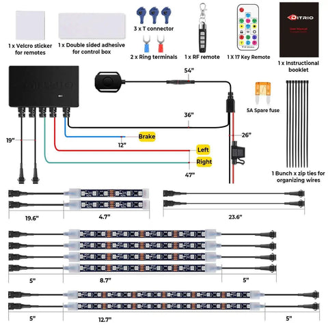 Lit Underglow LED Kit With Brake And Turn Signals For Motorcycles, includes DITRIO app, RF remote, cables, and components.