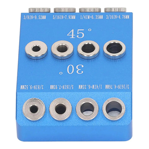 Pro Grade Multi Angle Drill Guide Jig For Precise 30 45 90 Degree Holes, Aluminum Alloy Woodworking Tool showing 30° and 45° settings