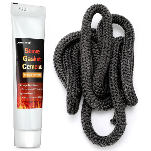 Xmasneed stove gasket cement tube beside a graphite-impregnated fiberglass wood stove rope gasket coil, 98-inch long
