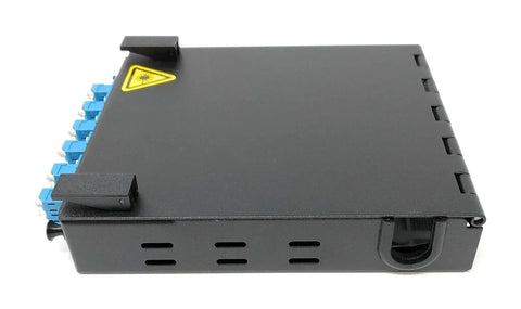 Side view of Wall Mount Fiber Enclosure With Splicing Module And Loaded Six Port LC UPC Singlemode Duplex LGX Panel